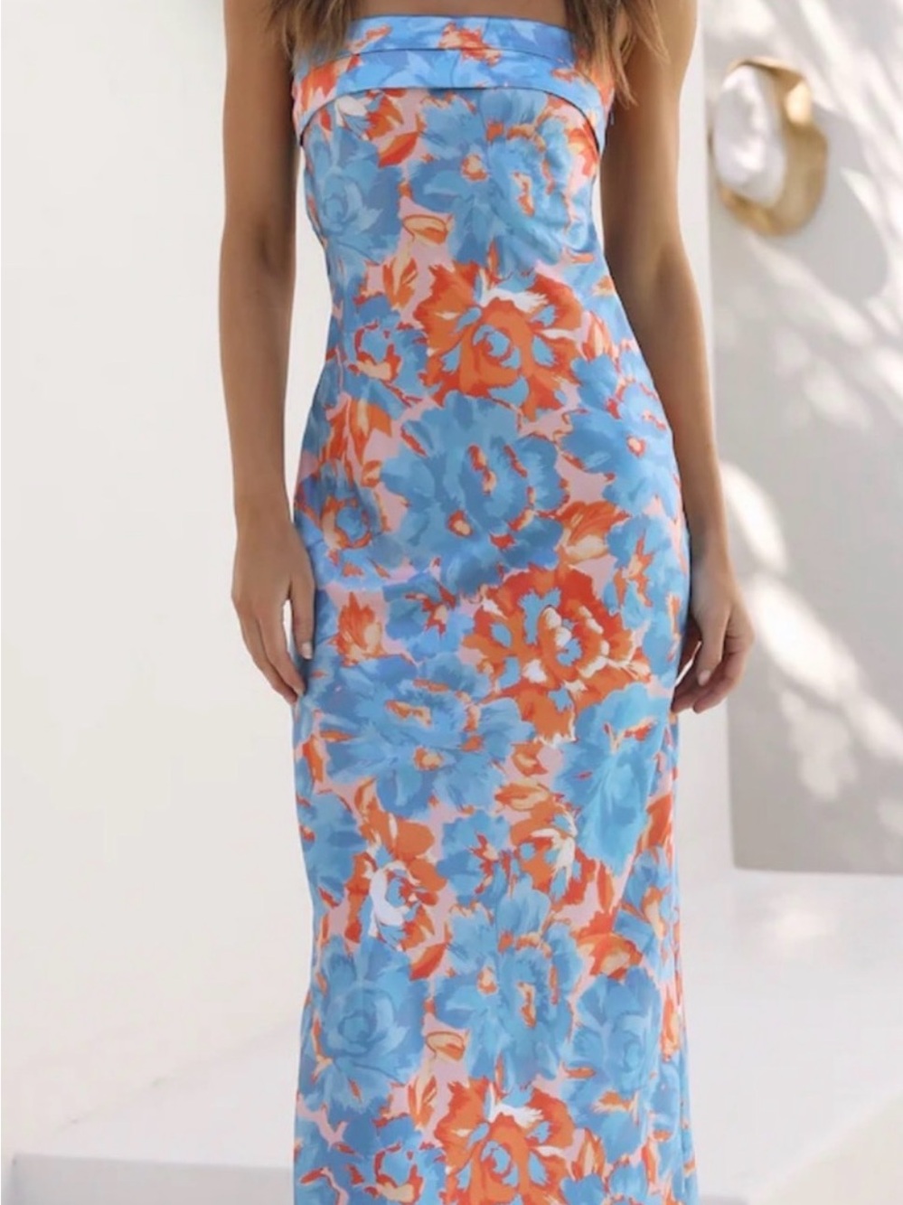Hello Molly Strapless Satin Floral Maxi Dress in Teal and Orange